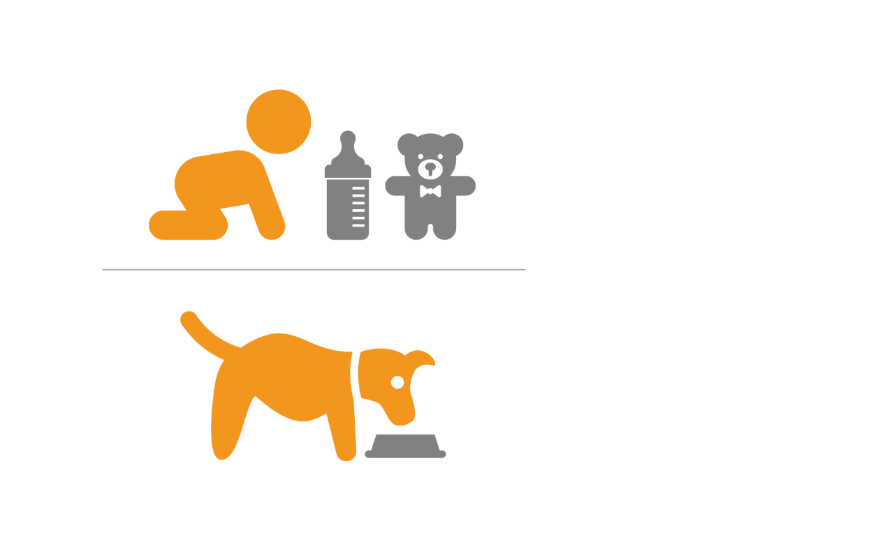 Illustration of a baby, baby milk bottles and a pet dog